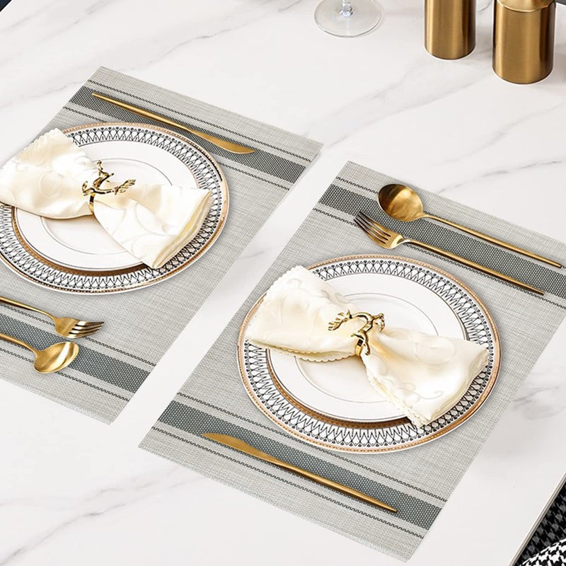 DACHUI Placemats Set of 6, Soft & Elegant Woven Vinyl Place Mats, Water Resistant, Heat Resistant, Washable, Durable Table Mats (Grey Stripes) - Image 2